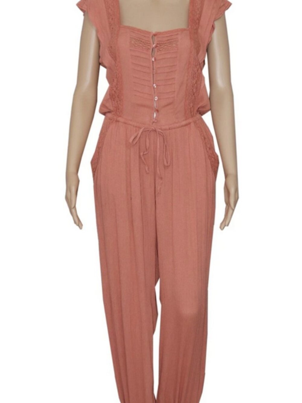 Free People FP One Sydney Jumpsuit Coral Peach Flutter Sleeve Pleated M